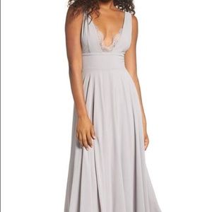 LULUS lace trim chiffon gray sleeveless gown maxi dress v neck romantic